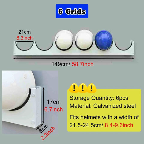 Heavy Duty Wall Mounted Safety Helmet Rack For Job Sites And Workshops Features Beefy Galvanized Steel And Cushioned Rubber Edges To Keep Your Hard Hats Rock Solid And Tidy Through Every Work Grind, 149cm long with 6 helmet storage grids.