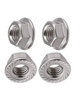 Four Pack M12 X 1.5mm Metric Fine Thread Hex Flange Nuts Forged From Solid 304 Stainless Steel on white background.
