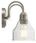 Avery 14.75 Inch Two-Light Vanity Light With Clear Seeded Glass In Olde Bronze, side view showing glass texture and curved mount.