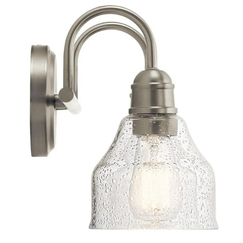 Avery 14.75 Inch Two-Light Vanity Light With Clear Seeded Glass In Olde Bronze, side view showing glass texture and curved mount.