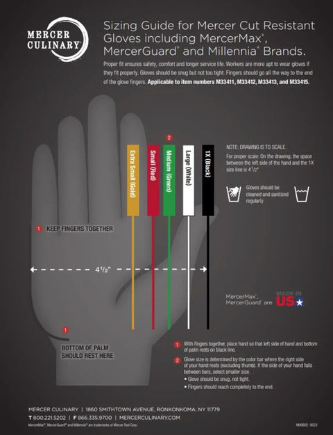 Sizing guide for Millennia A5 Cut Glove Medium White For Kitchen Pros And Food Prep, ANSI Level Cut Protection