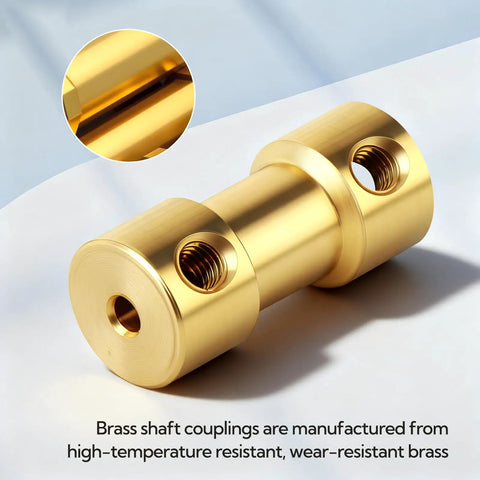 Close-up of Ten Pack 5mm To 5mm Brass Motor Shaft Couplers With Set Screws, highlighting durable high temp, wear resistant connectors.