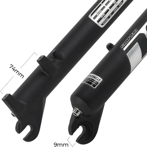 Close-up view of Fat Bike Suspension Fork For 20 Inch MTB With 4.0 Tire Snow Beach Dual Shoulder Fat Fork 130mm Travel Straight One And One Eighth Steerer QR 9mm Axle 7075 Aluminum Alloy Upgraded Lightweight Black, highlighting fork ends and QR 9mm axle.