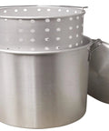 32-Quart Aluminum Boiling Pot With Punched Basket And Lid, Heavy Duty Construction With Sturdy Side Handles, Tailgate Ready Outdoor Jet Cooker Cookouts, Boiling Seafood, Corn, Crab And More, displaying the pot, lid, and basket set.