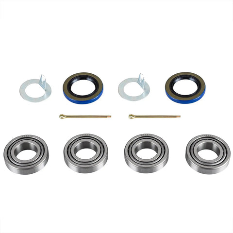 Pack Of 2 Heavy Duty Trailer Axle Hub Wheel Bearing Kits L44643 L44610 For 1 Inch 2000 2200 Lbs Trailer Axle With 4 Inner And Outer Bearings Races And Grease Seals OD One Point Nine Eight Zero Inch shown with bearings, races, and seals