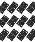 Top Tier Black Metal Butt Hinges, Smooth Folding Action Measures Two Point Three Six By One Point Four Two Inches in a pack of twelve.
