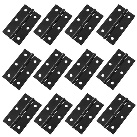 Top Tier Black Metal Butt Hinges, Smooth Folding Action Measures Two Point Three Six By One Point Four Two Inches in a pack of twelve.