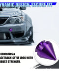 Upgrade Your Ride With These Sick Universal Car Bumper Quick Release Kit Featuring Durable Aluminum Fasteners, Sealing Washers And O Rings For Easy Front Rear Access To Fenders Hoods Or Trunk Lids In Cool Purple Color. Purple aluminum bumper quick release fastener installed on front bumper