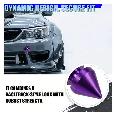 Upgrade Your Ride With These Sick Universal Car Bumper Quick Release Kit Featuring Durable Aluminum Fasteners, Sealing Washers And O Rings For Easy Front Rear Access To Fenders Hoods Or Trunk Lids In Cool Purple Color. Purple aluminum bumper quick release fastener installed on front bumper