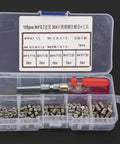 Plastic box containing the 105 Piece Stainless Steel Threaded Inserts Repair Kit Helicoil Style Wire Inserts Installation Set DIY Friendly For Aluminum And Other Metals M4 X 0.7 Thread Size Includes Easy Install Tools.
