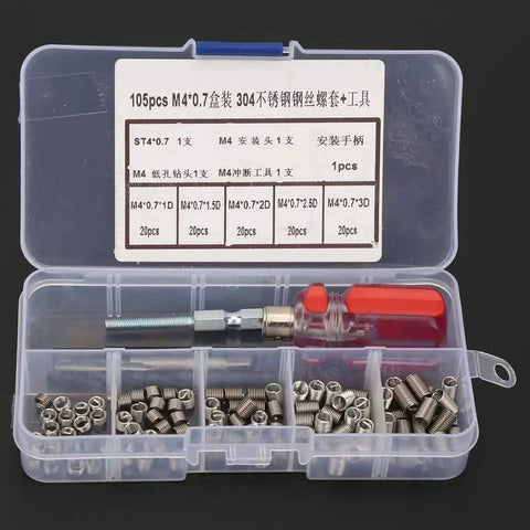 Plastic box containing the 105 Piece Stainless Steel Threaded Inserts Repair Kit Helicoil Style Wire Inserts Installation Set DIY Friendly For Aluminum And Other Metals M4 X 0.7 Thread Size Includes Easy Install Tools.
