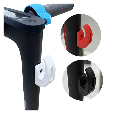 Front Hook Storage Mount For Electric Scooters And Skateboards Compatible With M365 Pro Ninebot Max G30 shown in red, white, black.