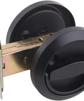 Black Round Privacy Door Knobs Set In 304 Stainless Steel With Hidden Door Pulls and Chicago Screws, side view