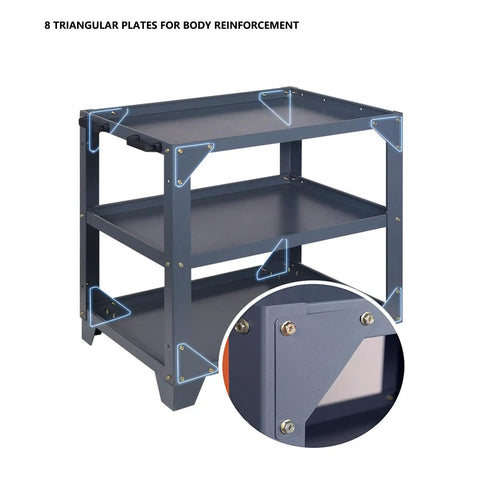 Heavy Duty Rolling Tool Cart With Three Tier Thickened Shelves And Steel Build For Garage Or Workshop Mobile Work Station On Wheels For Auto Repair Warehouse And Shop Use Sturdy Storage And Easy Access, steel frame with 3 shelves