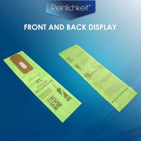 Front and back view of Eight Pack Of Vacuum Bags For XL Upright Vacuums Compatible With XL7 XL21 And 2000s 3000s Series Micro Lined.