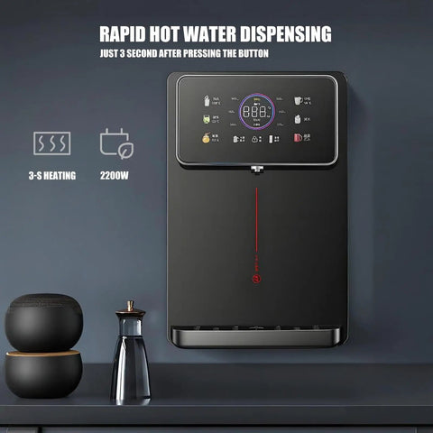 Wall Mounted Instant Hot Water Dispenser with 2200W power and 13 temperature settings for office and home, black unit on wall