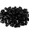 100 Pack Black Rubber End Caps 3/8 Inch Inner Diameter vinyl tube floor savers for furniture legs piled together.