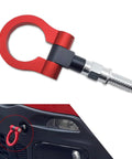 Red Alloy Car Front Bumper Tow Hook With Foldable Design, Rust Proof Recovery Ring For Fast Grab And Go Trail Rescue, Heavy Duty Screw Mount Pull Eye For Muddy Trail Beaters mounted on a car bumper.