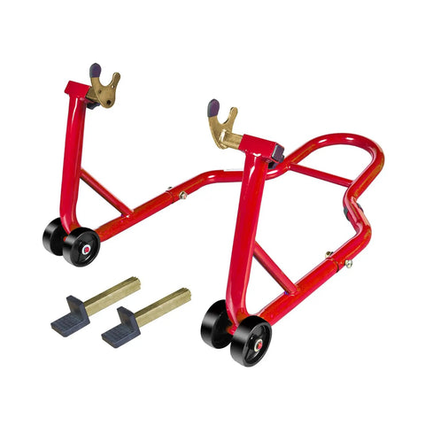 Rear Combo Motorcycle Stand With Wheel Lift 500 lb Capacity Swingarm Paddock Stands for Sport Bikes, red steel, components included