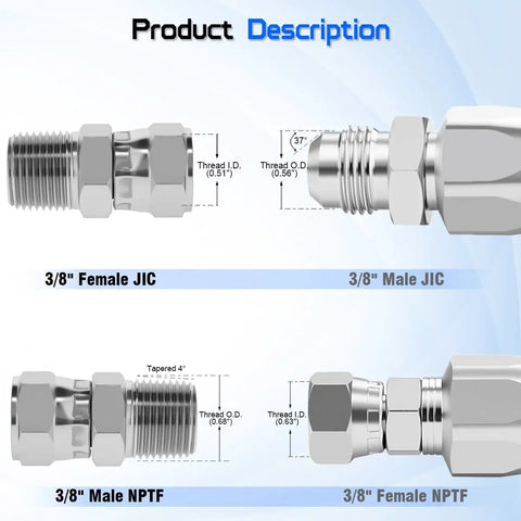 Three Eighths Inch Male NPTF To Three Eighths Inch Female JIC 37 Degree Swivel Adapter Fitting 6505-06-06 Pack Of 2 For High Pressure Systems Ideal For Hydraulic Pneumatic And Fuel Line Assemblies Heavy Duty Industrial Grade, 3/8 male NPTF to 3/8 female JIC 37°