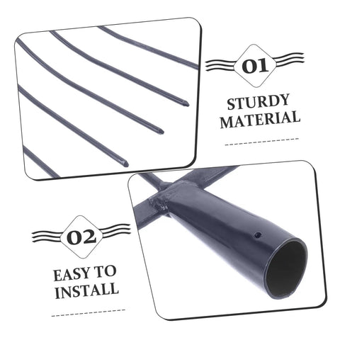 Close-up of Multi Functional Manure Fork For Mulching And Garden Cleanup; metal prongs and handle socket detail.