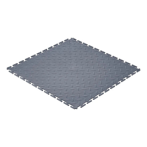 Interlocking Garage Floor Tiles 16 Pack, Diamond Plate Texture Non Slip PVC Floor Mats, 20.2x20.2x0.2 Inches, Graphite Gray, Quiet, Durable, DIY Friendly, Easy Install for Garages, Workshops, and Warehouses. Single graphite gray PVC tile with diamond plate texture and interlocking edges