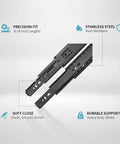 Image showing Stainless Steel Soft Close Drawer Slides For Kitchen Cabinets And Wardrobes Built To Last Full Extension Quiet Heavy Duty Glides With Smooth Operation And Easy Install Replacement Hardware For Cabinet Drawers with labels highlighting features like precision fit, stainless steel, soft close, and durable support.