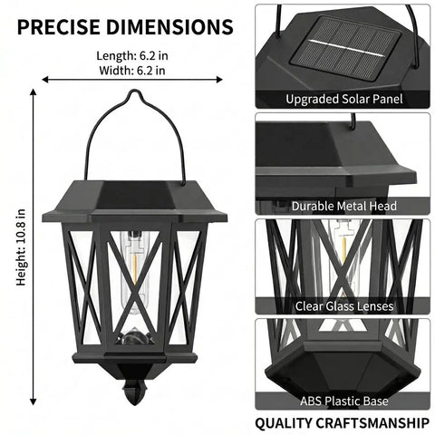 Outdoor Solar Lanterns Waterproof Hanging Solar Lights With Glass Shade Easy Hang Two Pack LED Metal Wall Mount Outdoor Lighting For Yard Garden Patio Black Weatherproof, showing lantern dimensions and details like solar panel and metal head.