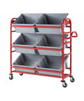 Heavy Duty Red Tote Picking Cart For Warehouse Retail And Office Order Fulfillment With Angled Shelves That Lock In Nine Bins, showing gray totes.