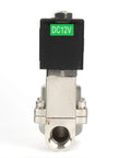 1/2-inch stainless steel high-temperature solenoid valve with 12V DC coil, normally closed, front view