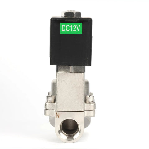 1/2-inch stainless steel high-temperature solenoid valve with 12V DC coil, normally closed, front view