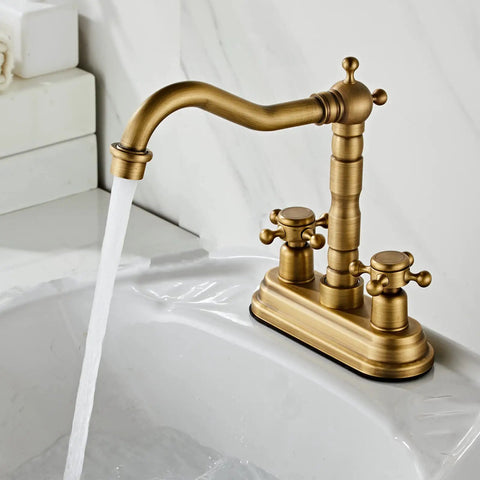 Old School Antique Brass Centerset Bathroom Faucet With Two Handles, Pop Up Drain And Hoses, 360 Degree Swivel Cross Knobs