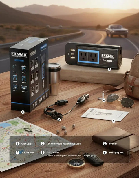 Smooth Moves 200W Car Power Inverter Dc 12V To 110V Ac With Dual Us Outlets And Usb C Fast Charger plugged in on a wooden table.
