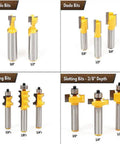 Built Like A Tank 70 Piece Router Bit Set With 1/2 Inch Shank Carbide Tipped Woodworking Milling Cutter Kit showing keyhole, dado, beading, and slotting bits.