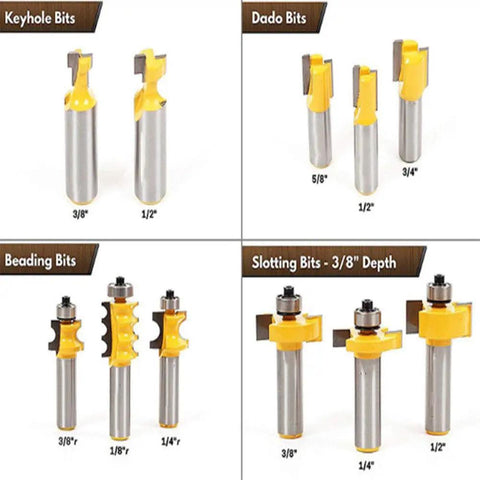 Knockout 70 Piece Router Bit And Chisel Set With Tongue Groove Milling Cutters For Woodworking Edging Trimming And Slotting Projects Includes Sleek Storage Box featuring keyhole, dado, beading, and slotting bits in various sizes.
