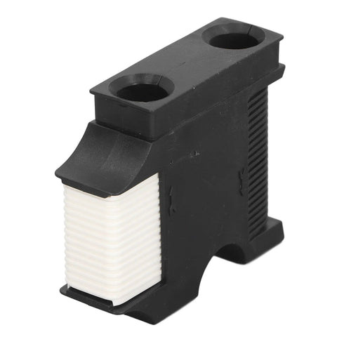 Side view of black plastic boat fender hanger clip with two circular top holes and white ribbed insert.