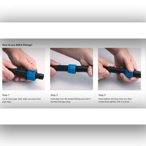 Watts ANKA 3/4 inch poly-pipe straight coupling; black nylon fitting with blue taper-nut seals; installation steps shown