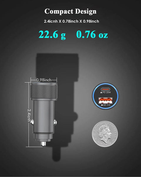 Premium Dual Port Vehicle Charger With MFi Certified Lightning Cable Pumping Out 38W Fast Power, compact design with size dimensions.
