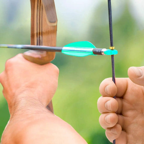 Close-up of bow string with nock and arrow, Must Have Archery Bow String Nocking Points Set With T Square Ruler And Nock Pliers Including 6 Brass Nocks