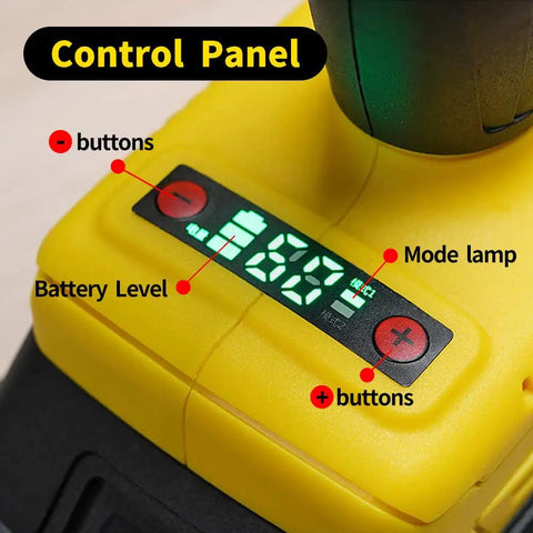 Hifeson 21V Cordless Electric Rivet Gun And Rivet Nut Tool Professional Kit control panel displaying battery level and buttons.