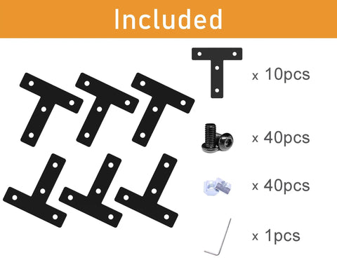 10 Sets Black 2020 T Shape Corner Bracket Joint Plate Bundle With Aluminum Profile Outside Joining Plates 40 Slide In T Nuts And Screws For 6mm 2020 Series Extrusion Ideal Corner Connectors For DIY Frames And Projects; included parts