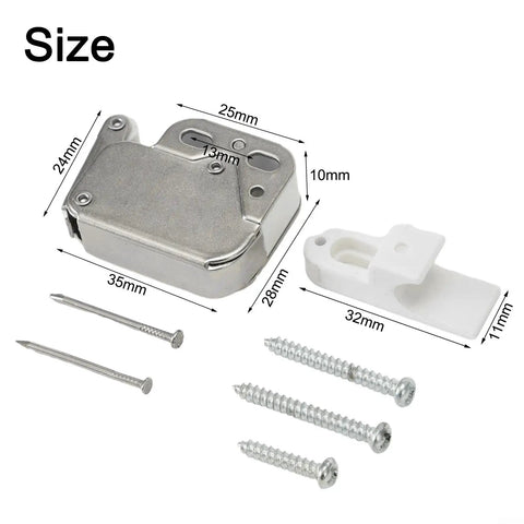 Dimensions of Push To Open Mini Cabinet Latch With Automatic Lock, Steel Spring Catch And Nylon Roller For Cabinets And Furniture.
