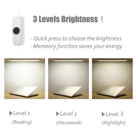 Under Cabinet LED Lighting 12 Inch Light Strip Bar Daylight White 5000K Dimmable USB Plug In Light showing 3 brightness levels