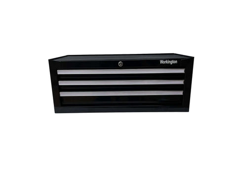 Front view of a black Three Drawer Portable Metal Tool Chest With Locking Cam 26 Inch Mid Size Cabinet Ball Bearing Drawer Slides Steel Tool Storage