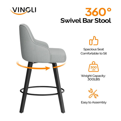 Swivel Bar Stool With Back Rest 26 Inch Counter Height Gray Linen Fabric Upholstered Seat Comfy Cushioned Comfort Solid Wood Legs Easy Clean Upholstery Ideal For Kitchen Island Bar Or Breakfast Nook.
