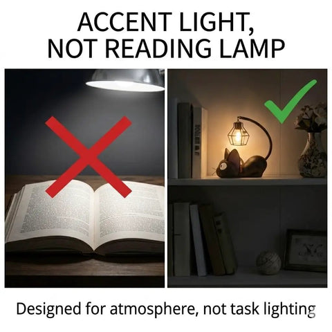 Comparison of Kiki Jiji Cat Lamp Resin Night Light for Anime Fans with warm glow versus bright reading lamp use.