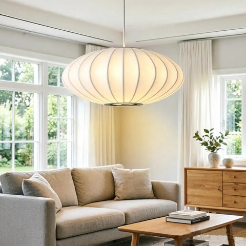AFSEMOS 20" Japanese Wabi Sabi Pendant Light Silk Hanging Lantern Lamp illuminating a cozy living room setting.