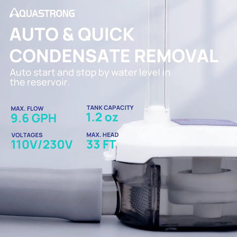 Side view of High Performance Condensate Pump For Air Conditioners, Furnaces And Dehumidifiers With Auto Safety Switch, showing specs.