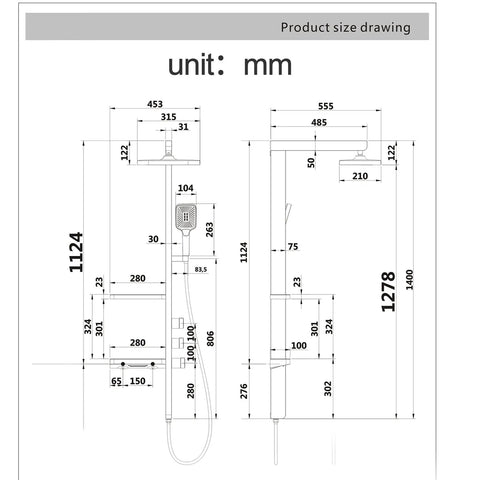 Product size drawing of Premium Wall Mount Rain Shower System With Eight Inch Rainfall Head And Heavy Duty Handheld Combo.
