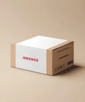 GWENDE branded cardboard box with a white top and brown sides, designed for packaging and shipping.